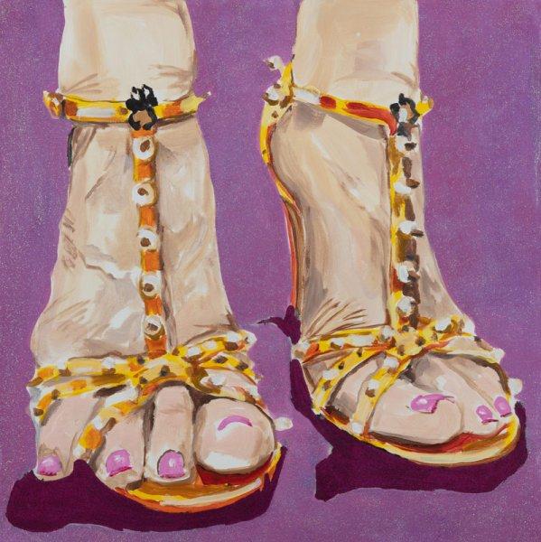 Portrait of Feet with Yellow Heels, Pink Toe Nail Polish, and Purple Glitter Background