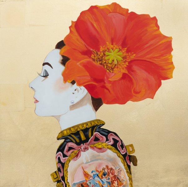 Audrey with Orange Poppy Headdress and Vase Dress