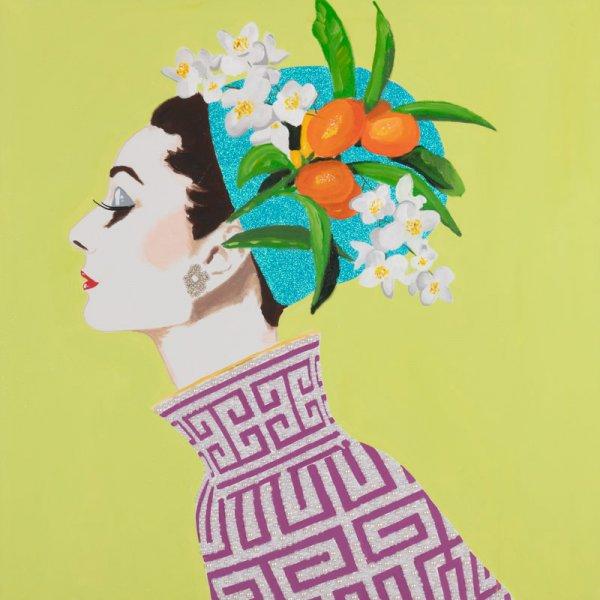 Audrey with Kumquat Headdress, Purple and White Vase Dress on Chartreuse Background