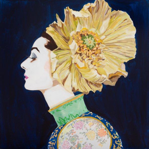 Audrey with Yellow Poppy Headdress and Navy Background – Ashley Longshore