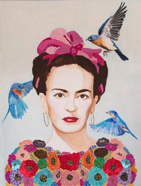 Frida with Bedazzled Flower Dress and Three Blue Birds