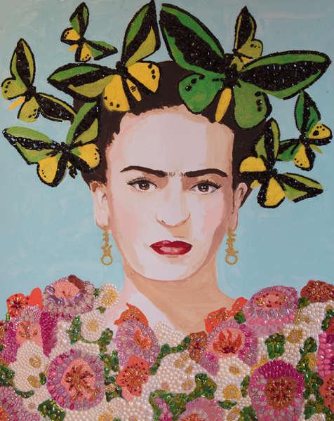 Frida with Green Butterflies and Dress of Flowers