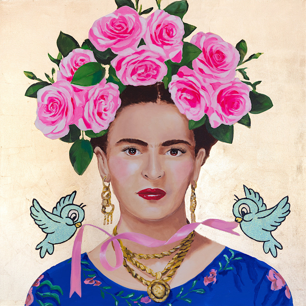 Frida with Bluebirds and Pink Rose Headdress – Ashley Longshore