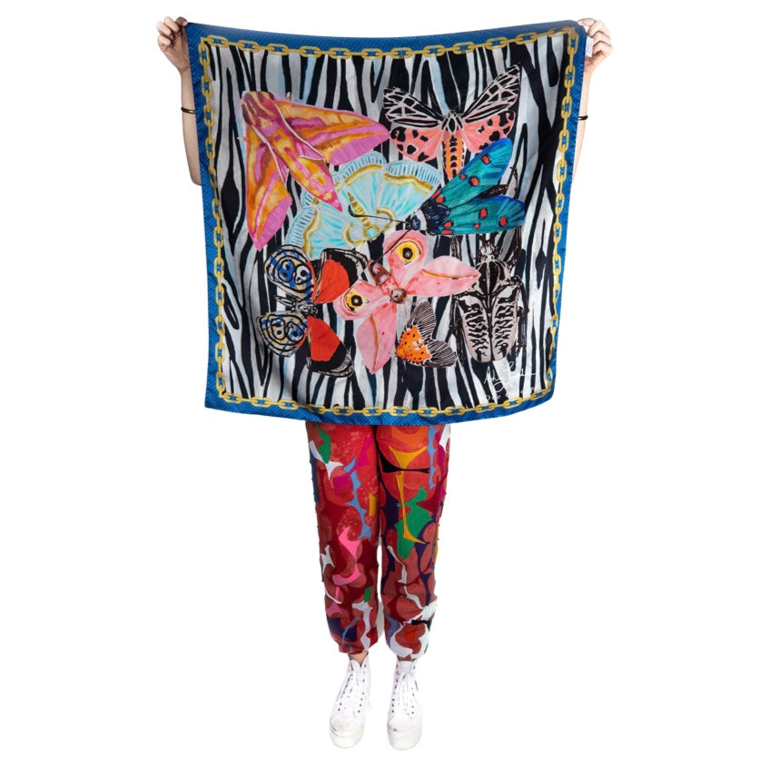 Living Jewels Blue Border Silk Scarf | Ashley Longshore x Dee Ocleppo