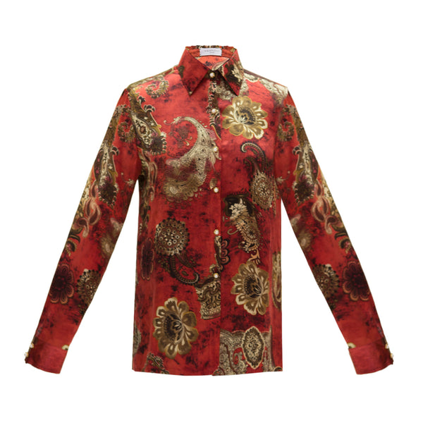 Crimson golden flower silk shirt – W.S.STUDIO