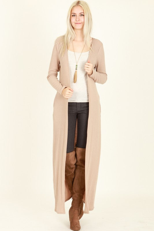 long taupe cardigan