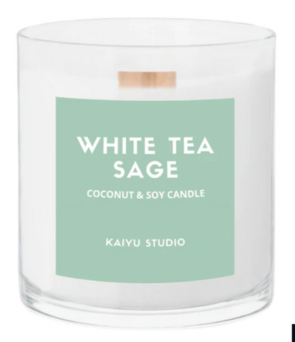 Photo of a Kairu Studio White Sage and Tea scented candle showing the green label design