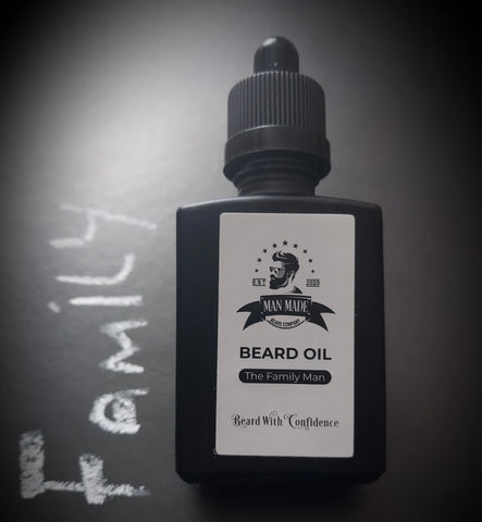 Sticker design on a bottle of Man Made Beard Company beard oil