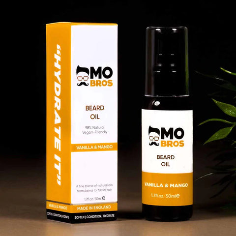 A photo of Mo Bros Beard Oil bottle label design