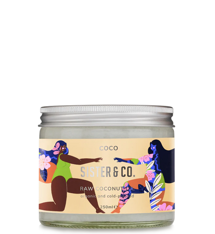 A Pot of Sister & Co Coconut Oil with Cosmetic Label Design