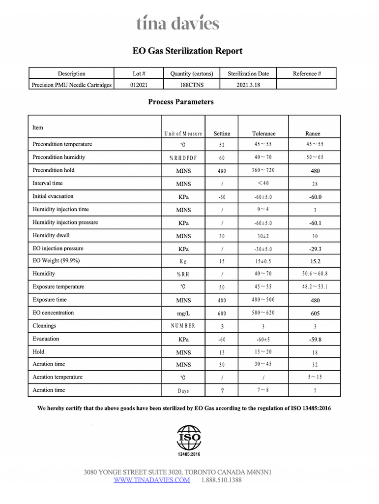 Tina Davies I Love Ink Precision Needle Cartridges EO Gas Sterilization Certificate