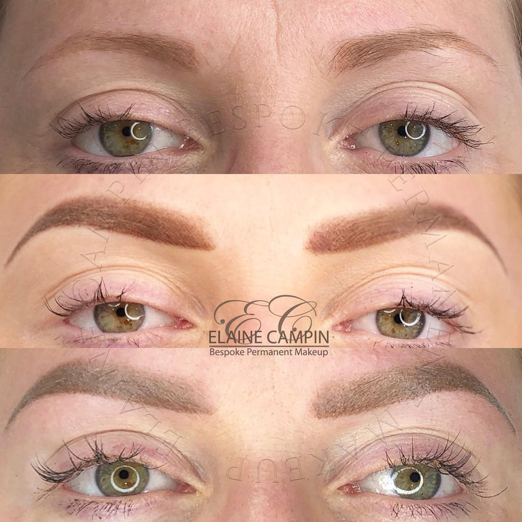Elaine Campin Before Healed and After Results of Machine Powder Brows using Tina Davies x Perma Blend I Love Ink Blonde and Ash Brown Mixed