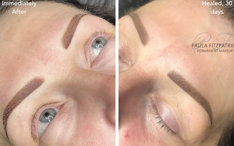 Paula Fitzpatrick Immediately After and Healed Powder Brows Results using Tina Davies x Perma Blend I Love Ink Dark Brown Eyebrow PMU Pigment