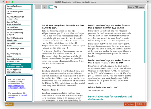 Context-sensitive help buttons open the relevant HMRC notes on the appropriate page