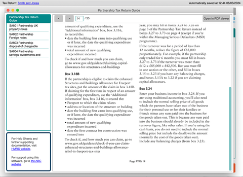 Context-sensitive help buttons open the relevant HMRC notes on the appropriate page