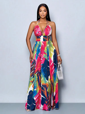 Tropical Feather Print Halter Maxi Dress - Bindia