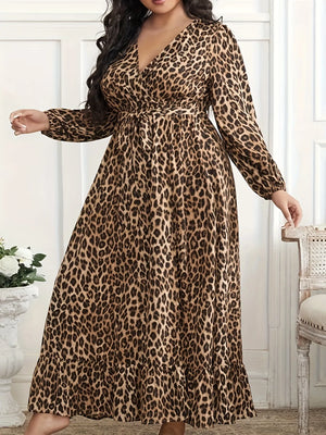 Plus Size Leopard Print Surplice Maxi Dress - Bindia