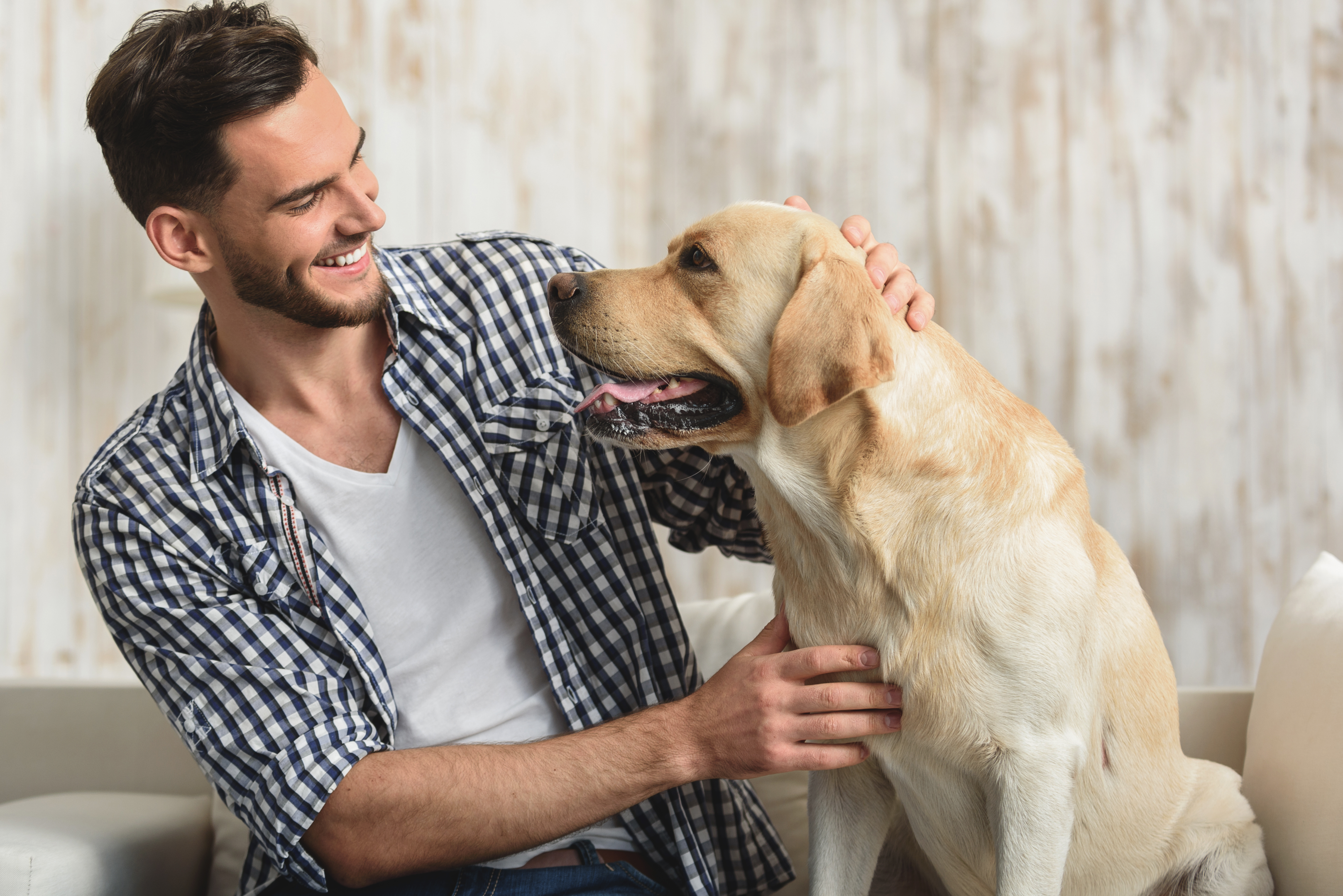 man petting his dog