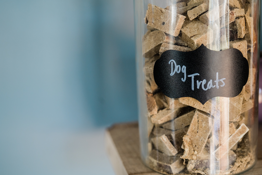 Commercial dog treats in a container.