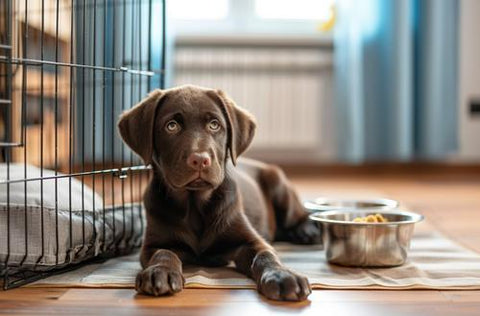 New Puppy Checklist - A chocolate Labrador puppy lying on the floor next to an open dog cage, with water and food bowls placed nearby