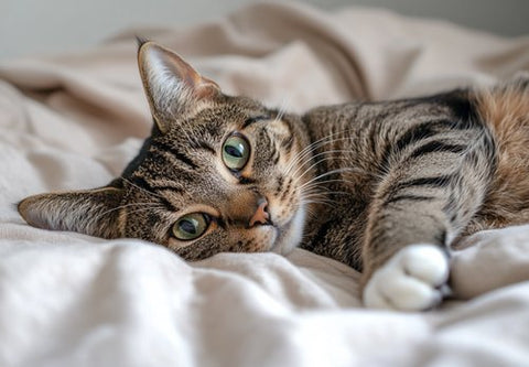 Cat Cancer Treatment Options - tabby cat with white paws lies on the bed