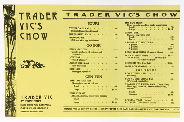 1st Food Menu “Trader Vic at Hinky Dinks”