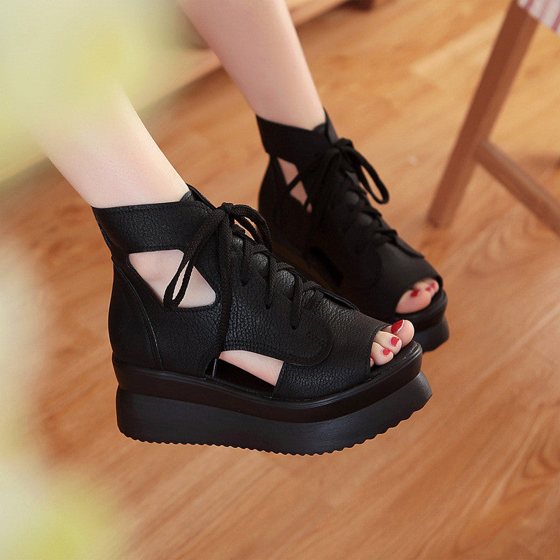 Platform Sandals Women Pumps Lace Up Black White Wedges Shoes Woman 3546