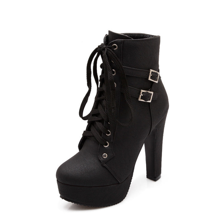 Women Lace Up Buckle Belt High Heels Platform Ankle Boots 6683 – Shoeu