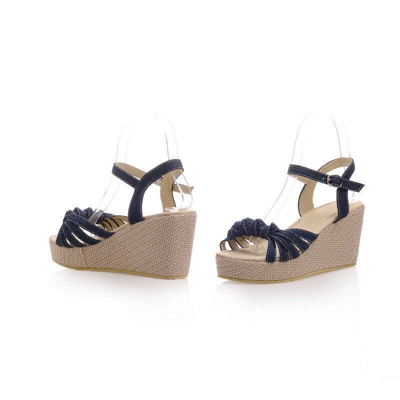 Summer Ankle Strap Sandals Denim Wedges Platform High-heeled Shoes Wom ...