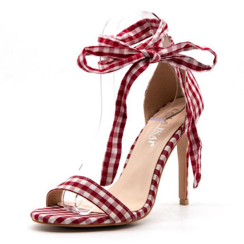 Women's High Heel Ankle Strap Plaid Stiletto Heel Sandals