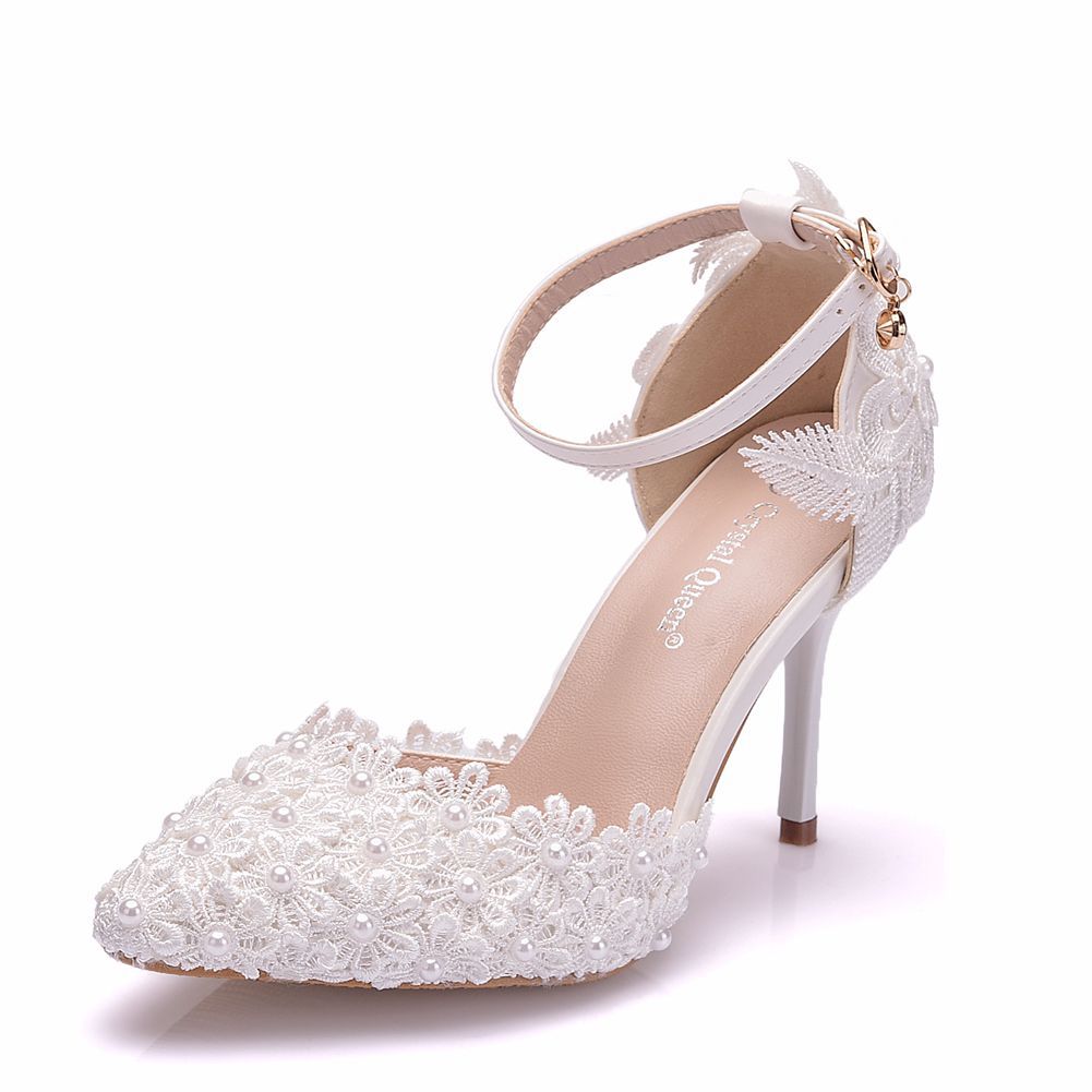 Women Lace Beads Ankle Strap Pointed Toe Bridal Wedding Shoes St