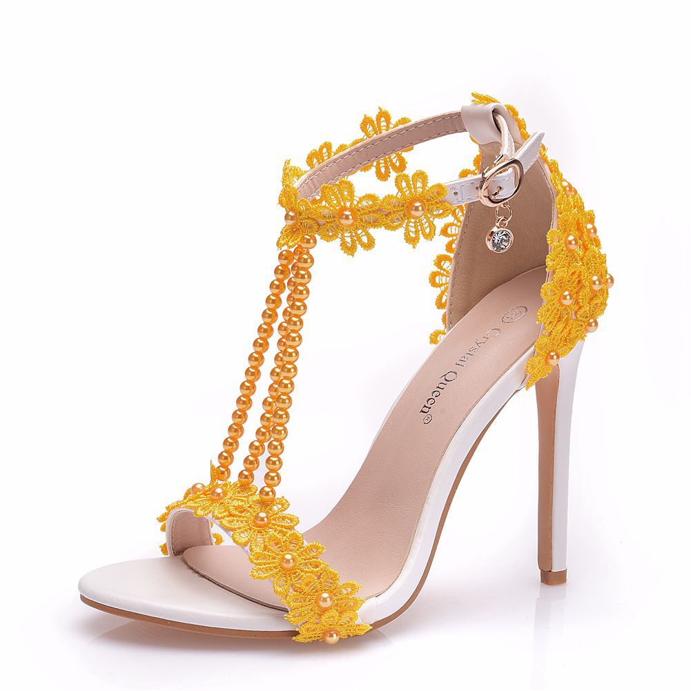 Women Lace Rhinestone Pearls Open Toe Bridal Wedding Stiletto Heel Sandals