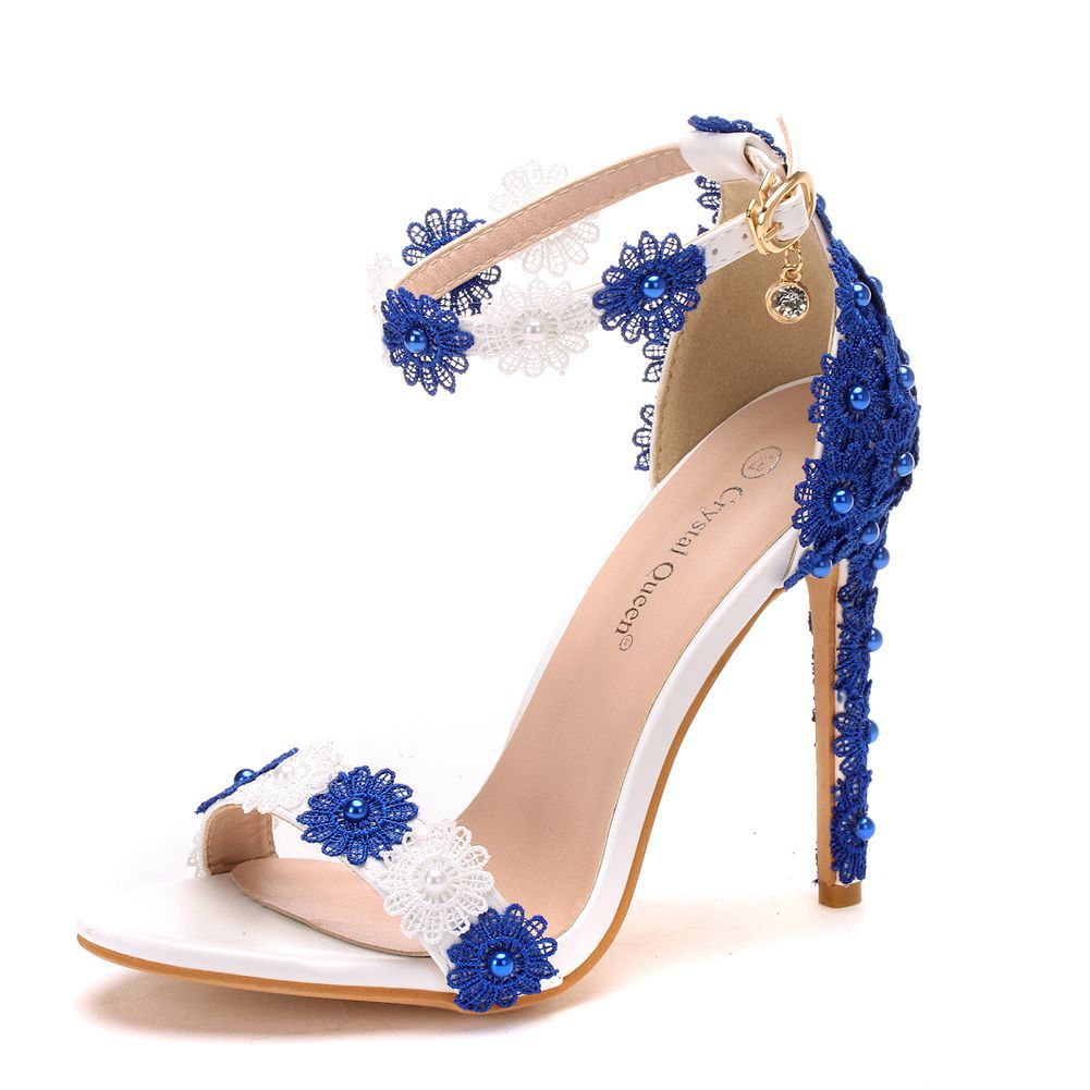 Women Open Toe Beads Ankle Strap Lace Stiletto Heel Sandals