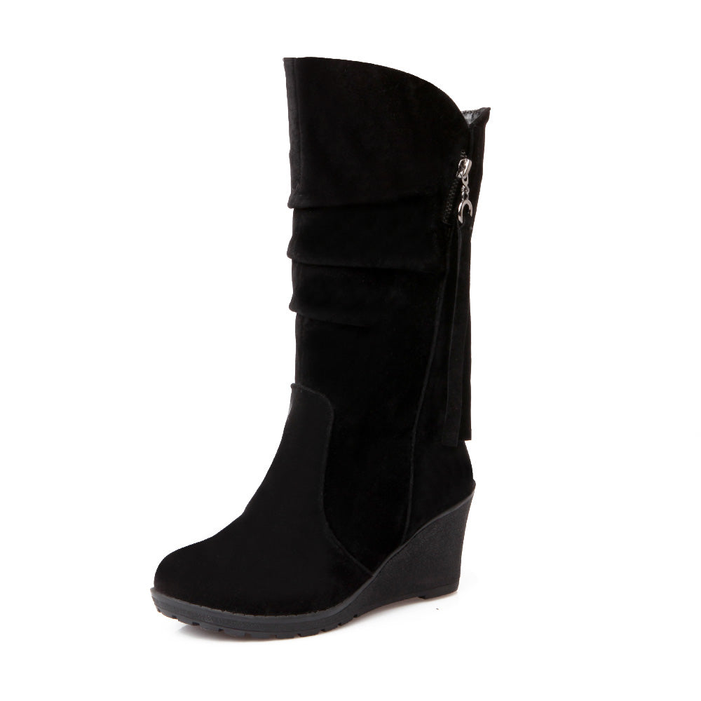 Woman Suede Platform Wedges Heel Mid Calf Boots