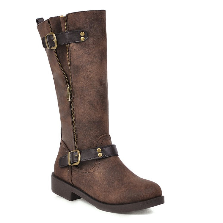 Womens' Buckle Belt Low Heels Knee High Boots