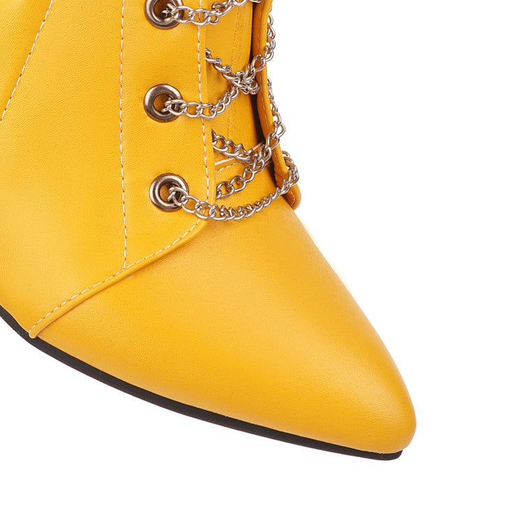 Women Pointed Toe Chain High Heel Short Boots