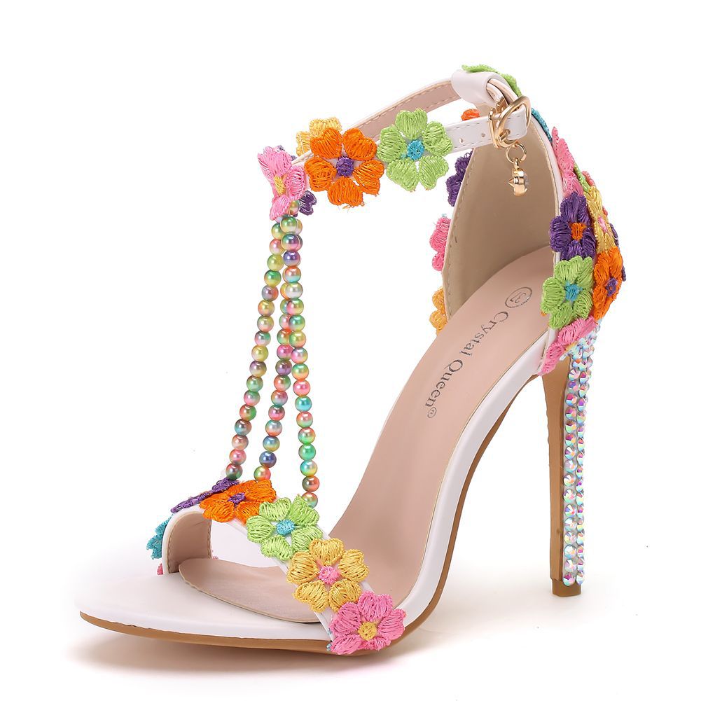 Women Rhinestone Lace Open Toe Bridal Wedding Stiletto Heel Sandals