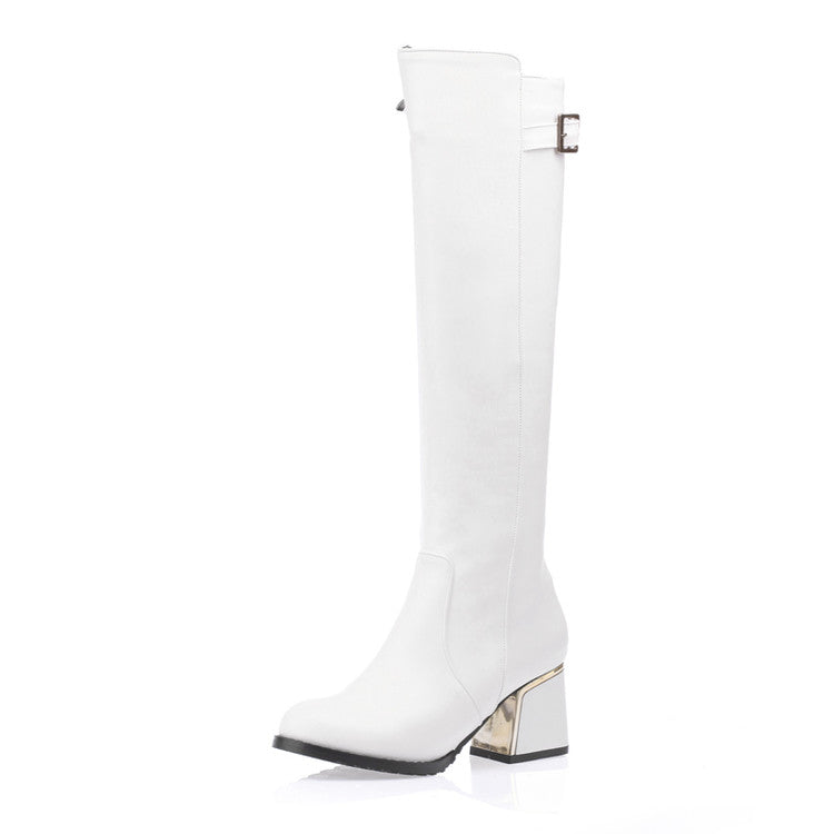 Woman Buckle Chunky High Heel Knee High Boots