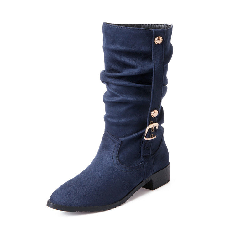 Woman Buckle Low Heel Mid Calf Boots