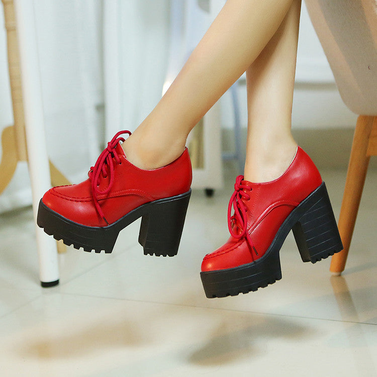 red chunky lace up heels