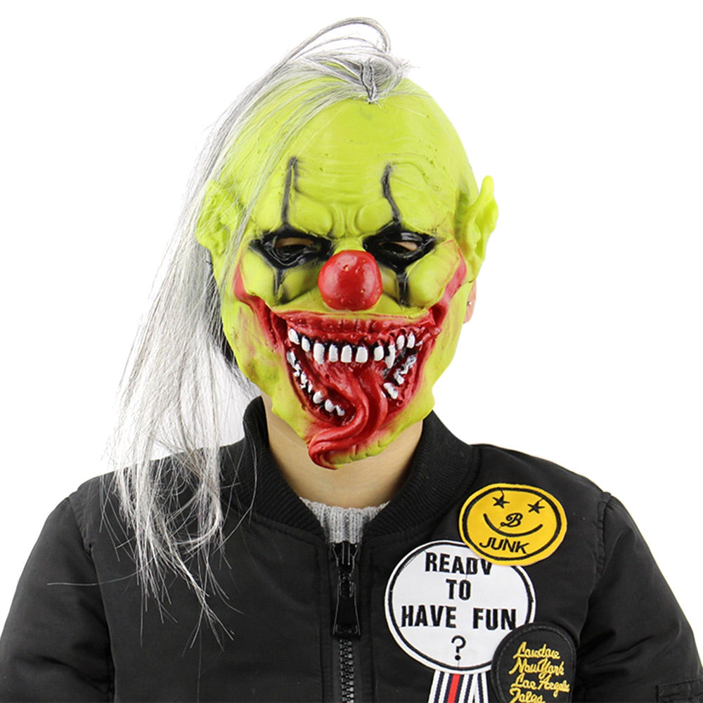 Green Face Clown Latex Halloween Mask with Wig Hair Masquerade