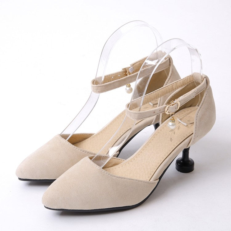 Woman High Heels Suede Ankle Strap Pearls Spool Heel Stiletto Sandals