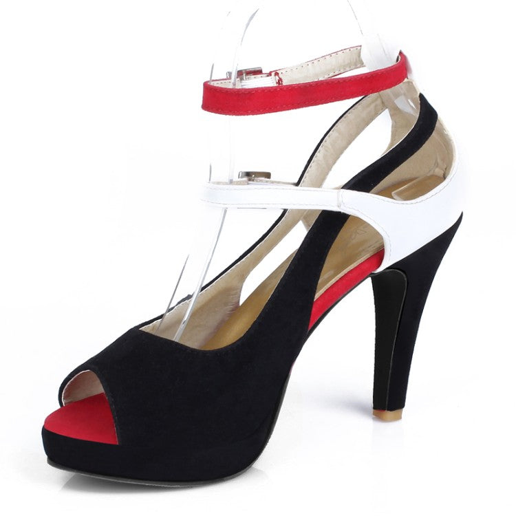 Women Peep Toe Color Block Strap Buckle High Heel Platform Sandals