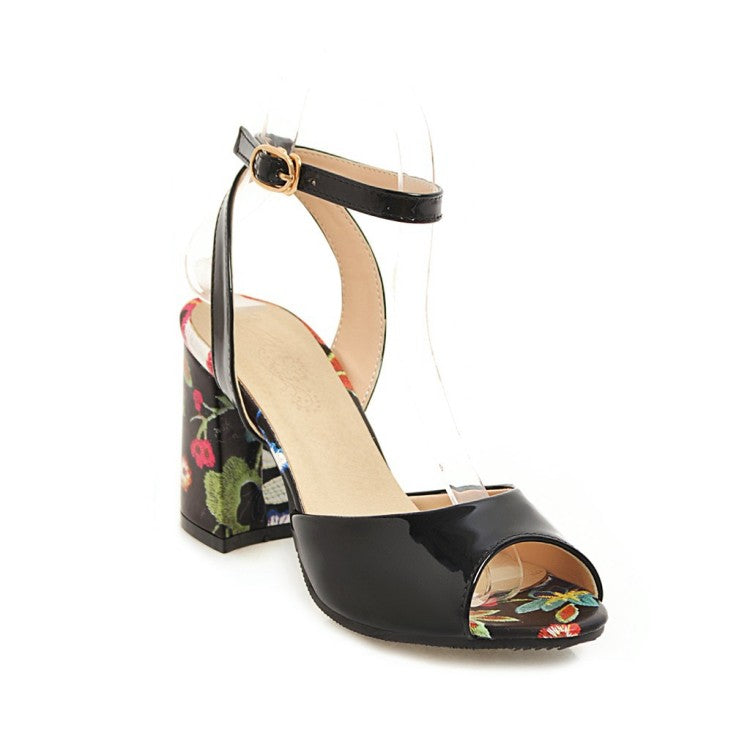 Woman Color Block Peep Toe Printed Block Heels Sandals