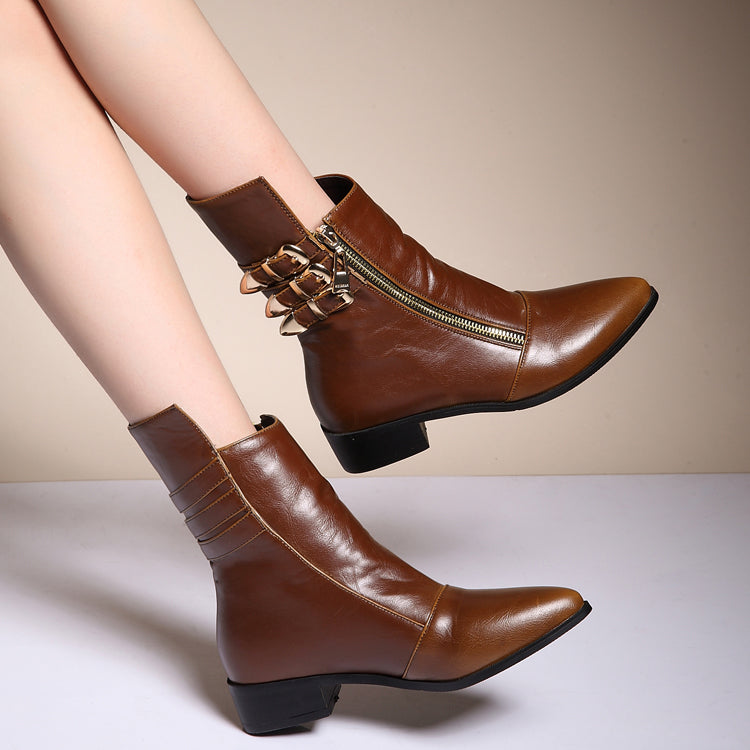 Woman Pointed Toe Buckle Belt Low Heels Short Boots