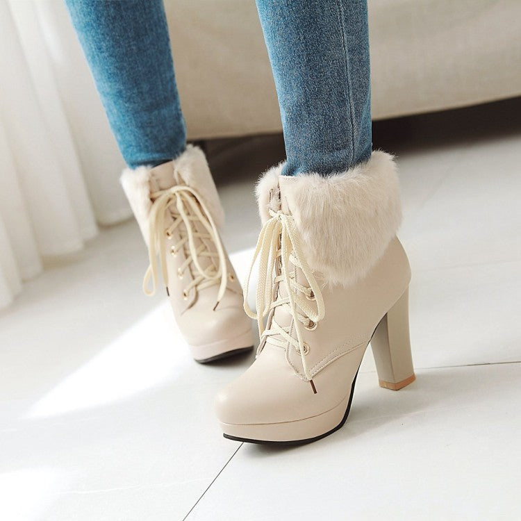Motorcycle Boots Fur Collar Lace Up Winter High Heels Women Shoe