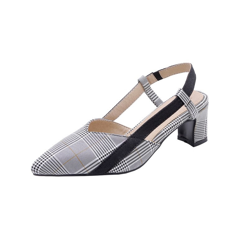 Woman Plaid Pointed Toe Hollow Out Medium Block Heel Sandals