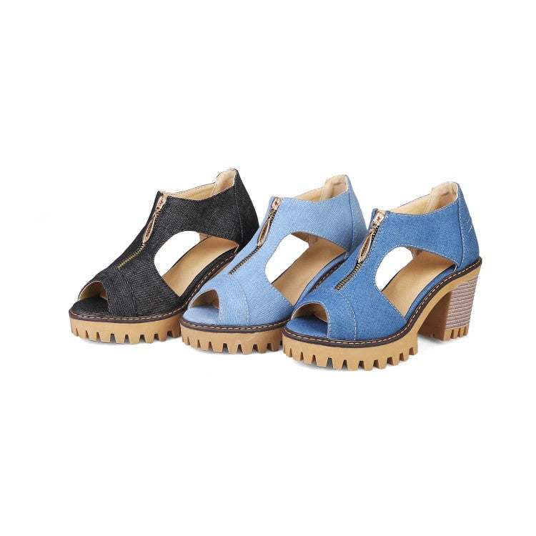 Women's's Denim Zipper Chunky Heel Platform Sandals