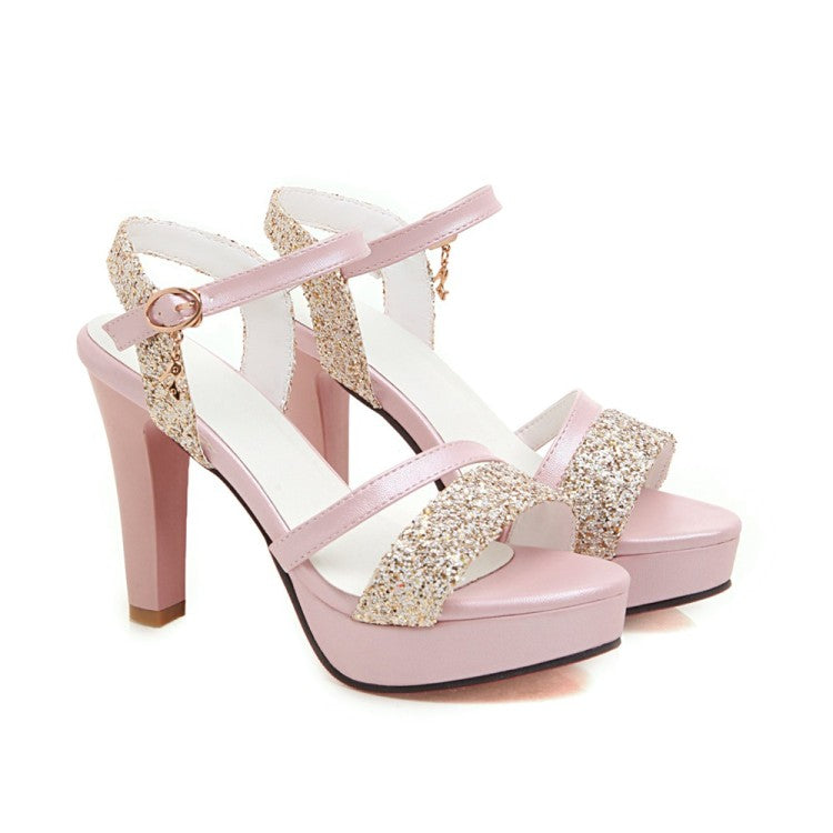 Women Ankle Strap Sequined High Heel Platform Sandals