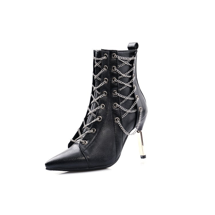 Women Pointed Toe Metal Lace Up Stiletto Heel Short Boots